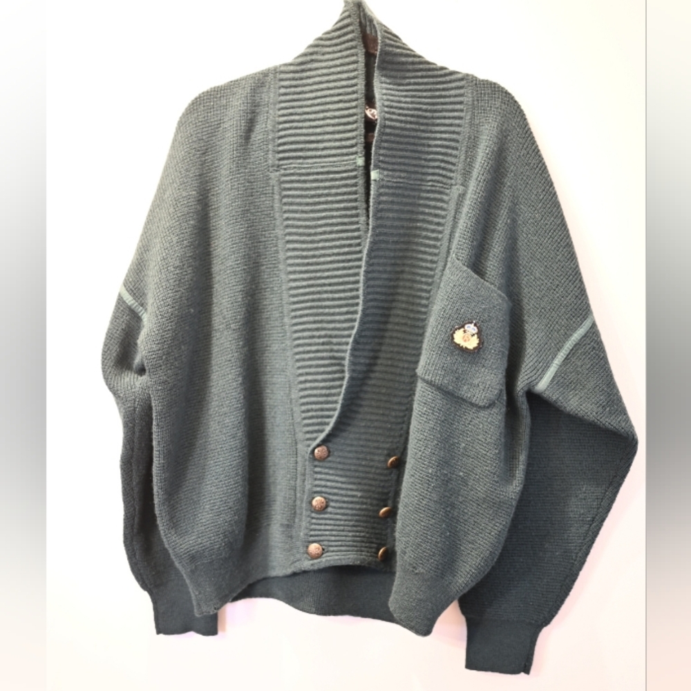 Vintage Army Green Wool Blend Oversize Cardigan Brass Buttons Retro Preppy